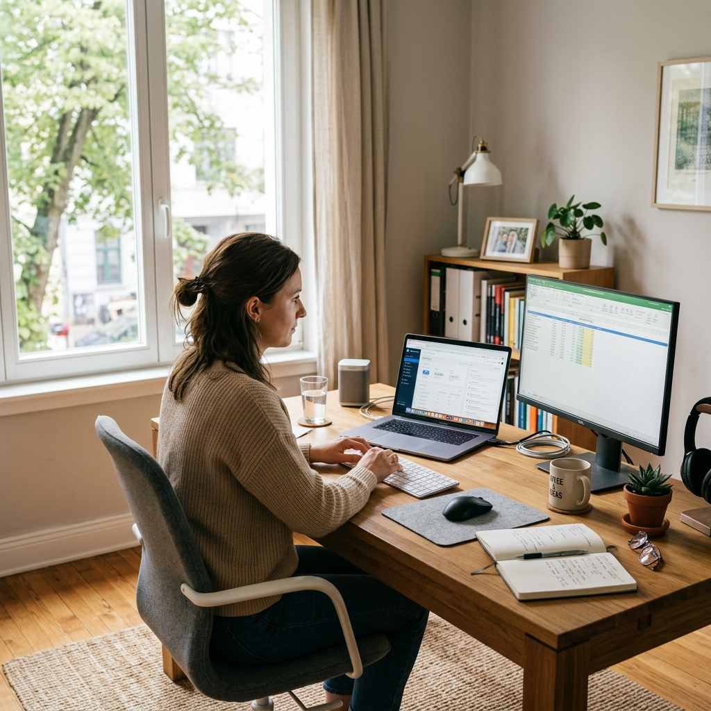 Woman working at home desk using laptop and external monitor